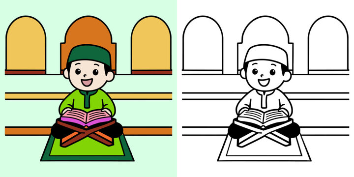 cute young moslem kids boy and girl for ramadan coloring page for kids