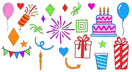 Vibrant collection of hand-drawn celebration elements for festive events and joyful occasions, perfect for party invitations, decorations, and graphic designs