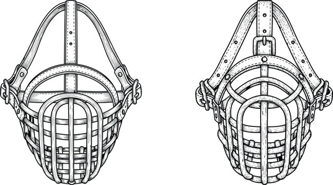 Vintage style illustration of dog muzzle with leather straps, showing front perspective view