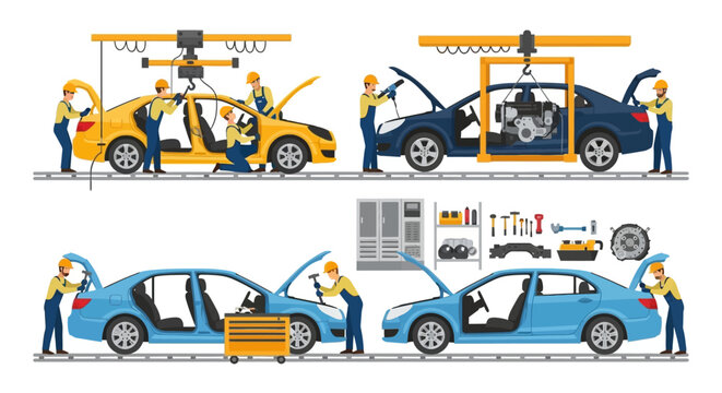 Automotive Manufacturing Process Illustration Car Assembly Line with Workers, Industrial Production, and Vehicle Construction Stages