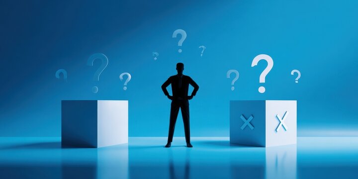 The silhouette standing between two blocks with question marks symbolizing uncertainty - Powered by Adobe