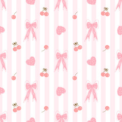 seamless pattern with pink bow cherry and hearts, fabric pattern, gift wrapping paper 