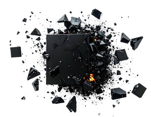 A black square shattering with surrounding shards on a dark background