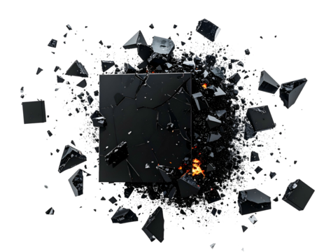 A black square shattering with surrounding shards on a dark background - Powered by Adobe