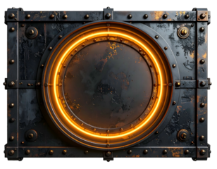 Metallic panel with a glowing ring, rivets, and aged texture