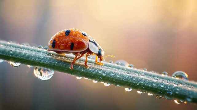 A ladybug perched on a dewy stem in a serene outdoor setting captured in a close-up video (72).mp4