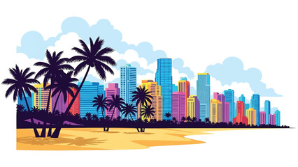Flat vector illustration of a Miami-style coastal skyline with modern high-rise buildings, palm trees, beach foreground and tropical atmosphere using clean solid colors © meeblues