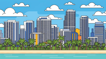 Flat vector illustration of a Miami-style coastal skyline with modern high-rise buildings, palm trees, beach foreground and tropical atmosphere using clean solid colors © meeblues