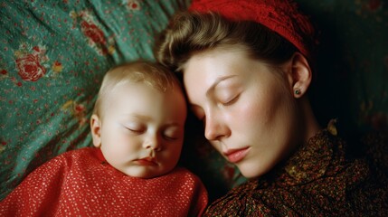 A soothing scene of a mother and baby sleeping together, conveying warmth, love, and tranquility on a floral blanket.
