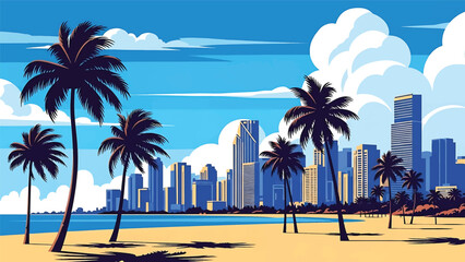 Flat vector illustration of a Miami-style coastal skyline with modern high-rise buildings, palm trees, beach foreground and tropical atmosphere using clean solid colors © meeblues
