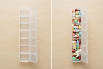 Divided pill box empty next to pill box filled with medicine, top down view. Health care and daily medication concept.