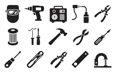 Fototapeta premium Industrial tools for mechanical and welding work including drill welder pliers hammer saw and screwdriver black silhouettes