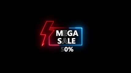 Glowing neon text Mega Sale 50 Percent Off Discount Announcement With Lightning Bolt. discount promotion for online and retail shopping with dark background.