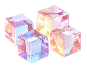 Four iridescent, translucent, cube-shaped objects reflect pastel light