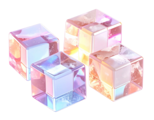 Four iridescent, translucent, cube-shaped objects reflect pastel light