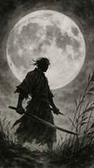 Obraz premium Samurai silhouette under full moon.