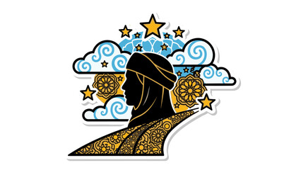 Naklejka premium Illustration of a woman with intricate patterns and celestial elements.