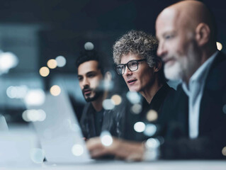 Three colleagues collaborate at laptop in office with bokeh lights