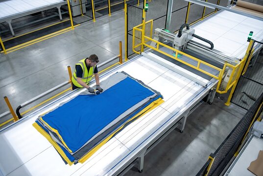 Man is working in fabric cutting workshop. Textile production automation and modern industrial equipment. Factory manufacturing process.