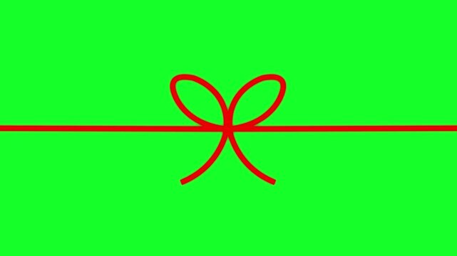 Animated red ribbon tied into a simple bow stretching horizontally across a chroma key green background, perfect for video overlays and holiday compositing.