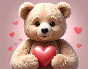 A digital illustration of a cute teddy bear holding a red heart, surrounded by floating hearts on a pink background