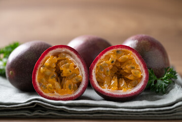 Fresh passion fruit on fabric, Tropical fruit