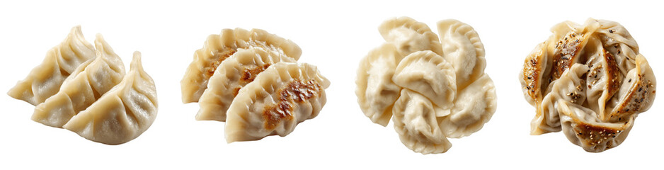 Assorted Traditional Chinese Dumplings and Pan-Fried Japanese Gyoza Set, Steamed Potstickers with Sesame Seeds, PNG, transparent background