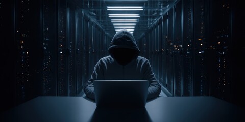 The Hooded Hacker at a Laptop in a Dark Server Corridor Under Blue Lights