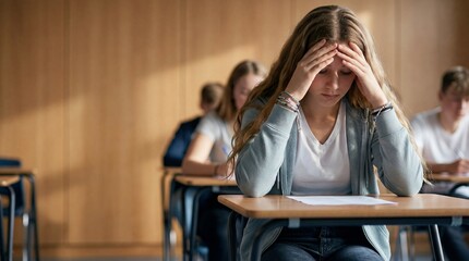 Stressed student sitting exam in classroom