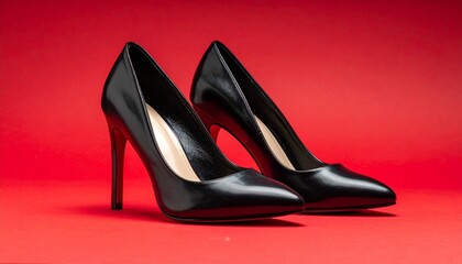 Glossy Black Stiletto Heels with Pointed Toes on Red Background