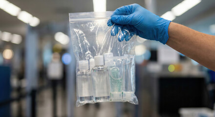 Gloved hand holds liquids bag at airport security checkpoint.
