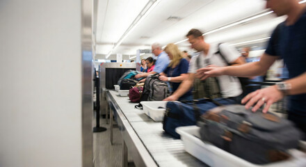 Passengers placing luggage on conveyor belt at airport security