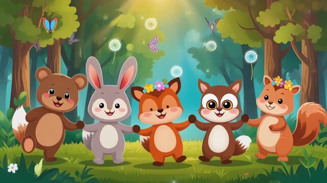 Cartoon forest animals dancing together in a sunny forest glade