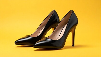 Glossy Black High-Heeled Shoes with Pointed Toes on Vibrant Yellow Background