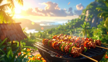 Tropical Barbecue Grilling Skewers With Lush Green Island Landscape Sunrise