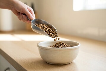 Hand of a woman pouring dry brown kibble from a metal scoop into a pet food bowl on a wooden counter for animal feeding.