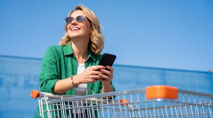 Woman using phone with shopping cart outside
