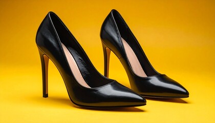 Glossy Black High-Heeled Shoes with Pointed Toes on Vibrant Yellow Background