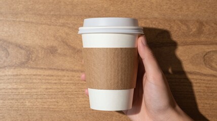 Hand holding a takeaway coffee cup on wooden table, warm beverage for morning energy and refreshment