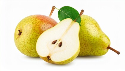 Pears Including One Sliced to Reveal Juicy Interior on white Background