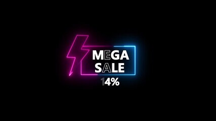 Glowing neon text Mega Sale 4 Percent Off Discount Announcement With Lightning Bolt. discount promotion for online and retail shopping with dark background