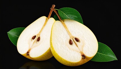 Whole and Halved Pears with Green Leaves on Black Background