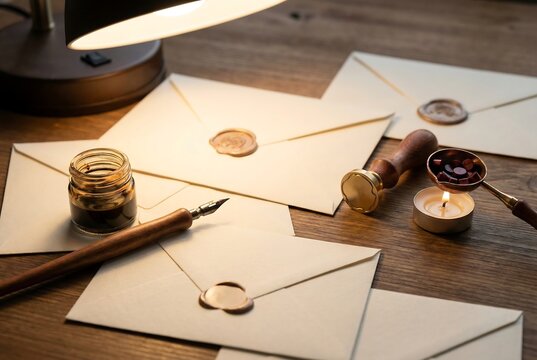 Vintage envelopes with wax seals, quill pen, ink, candle on wooden desk. Old time communication method with elegant retro style. - Powered by Adobe