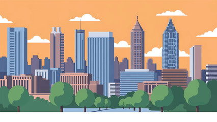 Flat vector illustration of an Atlanta-style skyline featuring modern skyscrapers surrounded by urban greenery and tree-lined areas, clean flat design with solid colors for travel themes © meeblues