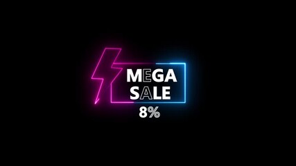 Glowing neon text Mega Sale 8 Percent Off Discount Announcement With Lightning Bolt. discount promotion for online and retail shopping with dark background