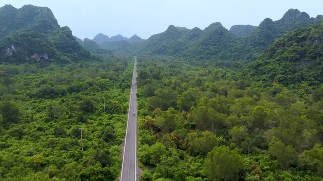 Aerial view of highway through jungle mountains, Cat Ba, Vietnam