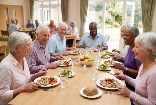 Group of diverse senior men and women enjoy a meal together at a retirement home. Healthy eating for elderly people concept.