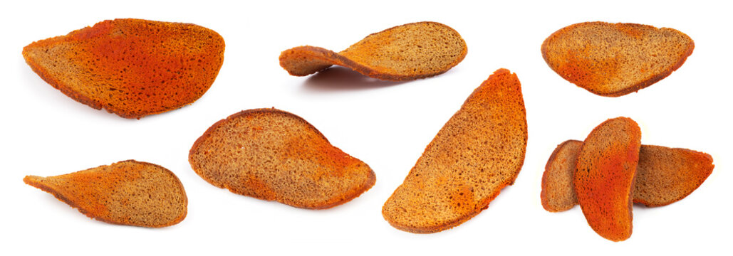 Rye rusks. bread snack for beer. Rye bread croutons. Beer snack. Fried rye croutons. Isolated on white