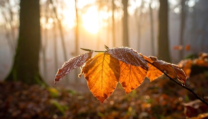 A close-up of vibrant orange leaves with water droplets against a blurred forest background at sunrise