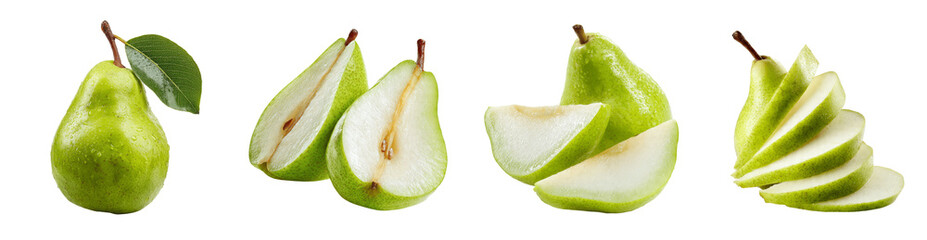 Set of Fresh Green Pears Whole Half and Sliced with Leaf PNG, transparent background